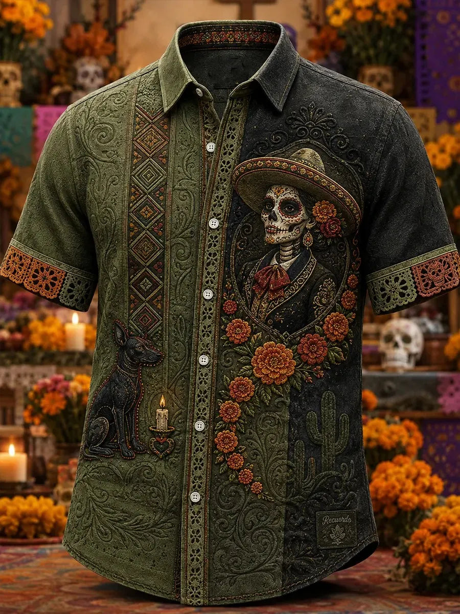 Men's Day Of The Dead Catrina Skeleton Dog Candle Cactus Marigold Ethnic Floral Print Short Sleeve Buttons Shirt