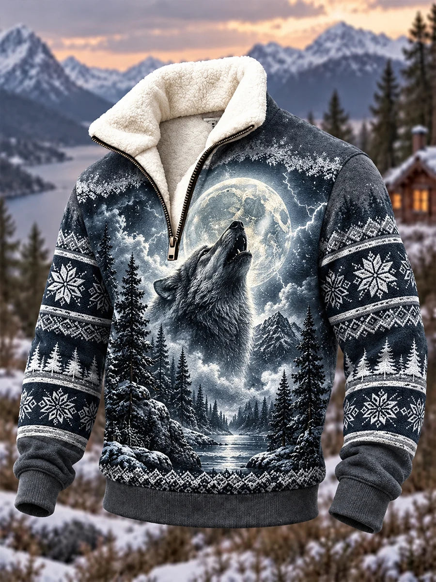 Men's Nordic Forest Animal Fleece-Lined Casual Sweatshirt