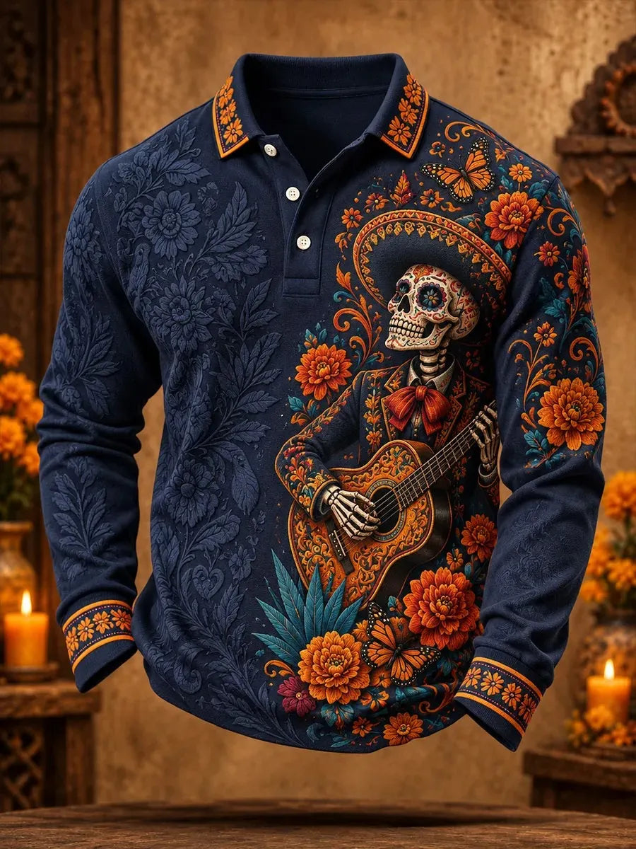 Men's Day Of The Dead Skeleton Musician Guitar Marigold Floral Print Long Sleeve Polo Shirt