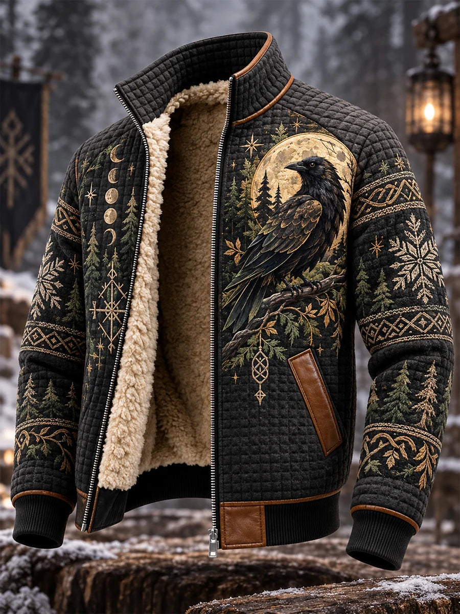 Men's Nordic Forest Animal Print Fleece-Lined Stand-Collar Jacket