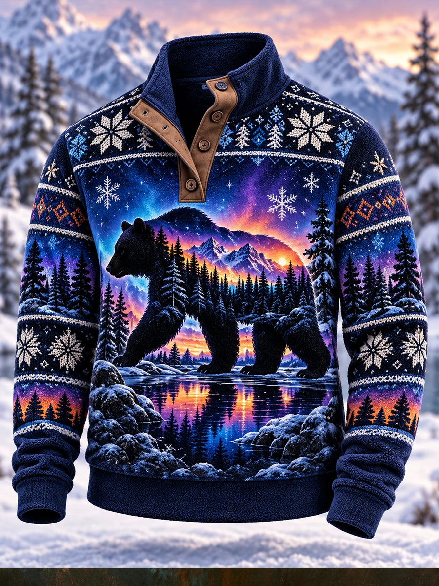 Men's Nordic Forest Animal Four-Button Hoodie