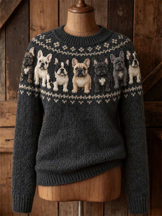 Women's Vintage French Bulldogs Yoke Isle Pattern Print crew neck sweater