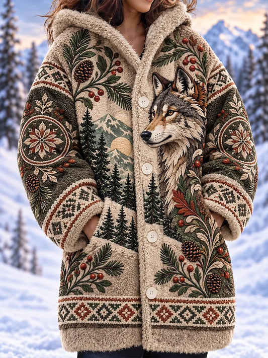 Women's Nordic Forest Animal Print Mid-Length Hooded Jacket