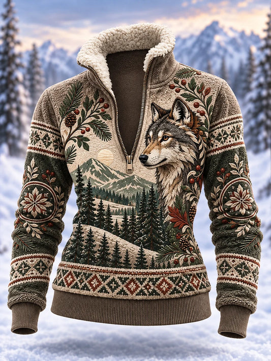 Women's Nordic Forest Animal Fleece-Lined Stand-Collar Sweatshirt