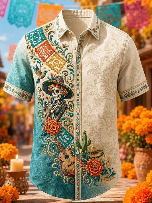 Men's Day Of The Dead Catrina Skeleton Hummingbird Desert Cactus Folk Guitar Floral Scroll Print Short Sleeve Buttons Shirt