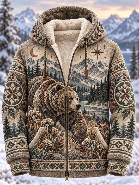 Men's Nordic Forest Animals Fleece-Lined Hooded Jacket