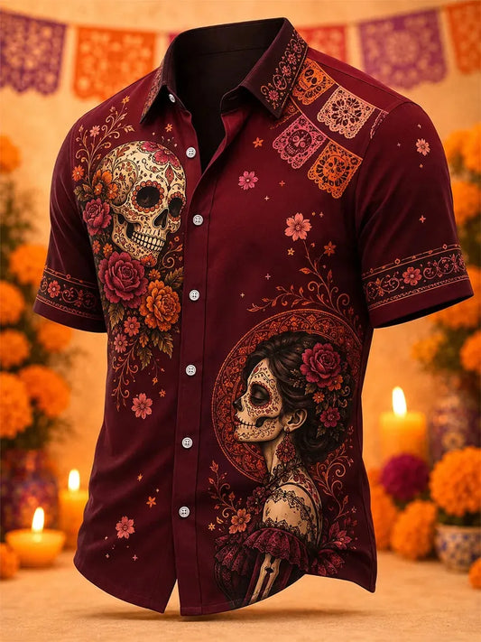 Men's Day Of The Dead Catrina Side‑Profile Skull Rose Print Short Sleeve Buttons Shirt