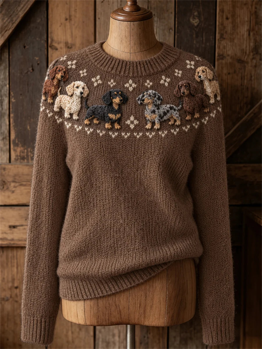 Women's Vintage Dachshund Dogs Yoke Isle Pattern Print crew neck sweater