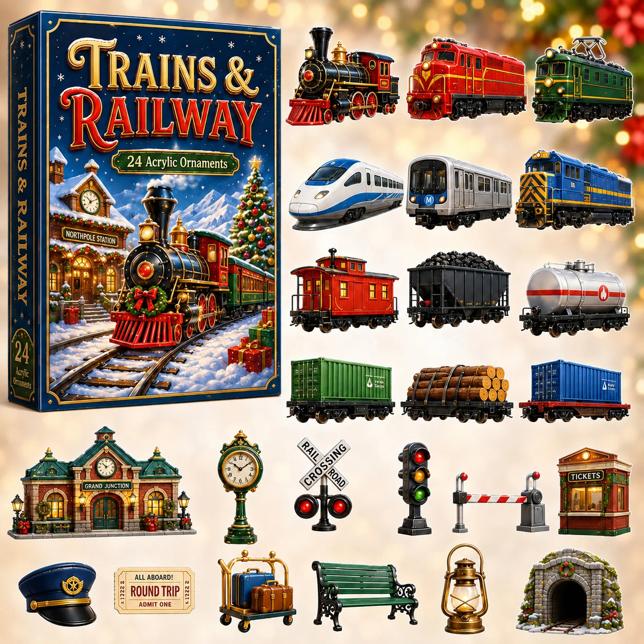 CHRISTMAS KICKOFF 40% OFF - Trains & Railway Advent Calendar 2026 - 24-Day Festive Countdown, Acrylic Charms Blind Box - Gift For Kids, Family & Friends