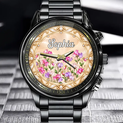 Custom Birth Month Flower Watch – Personalized Name & Birth Flower Design – Unique Birthday Gift for Mom, Wife & Daughter