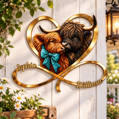 Custom Highland Cow Metal Sign - Personalized Couple Names Gift - Love You Infinite