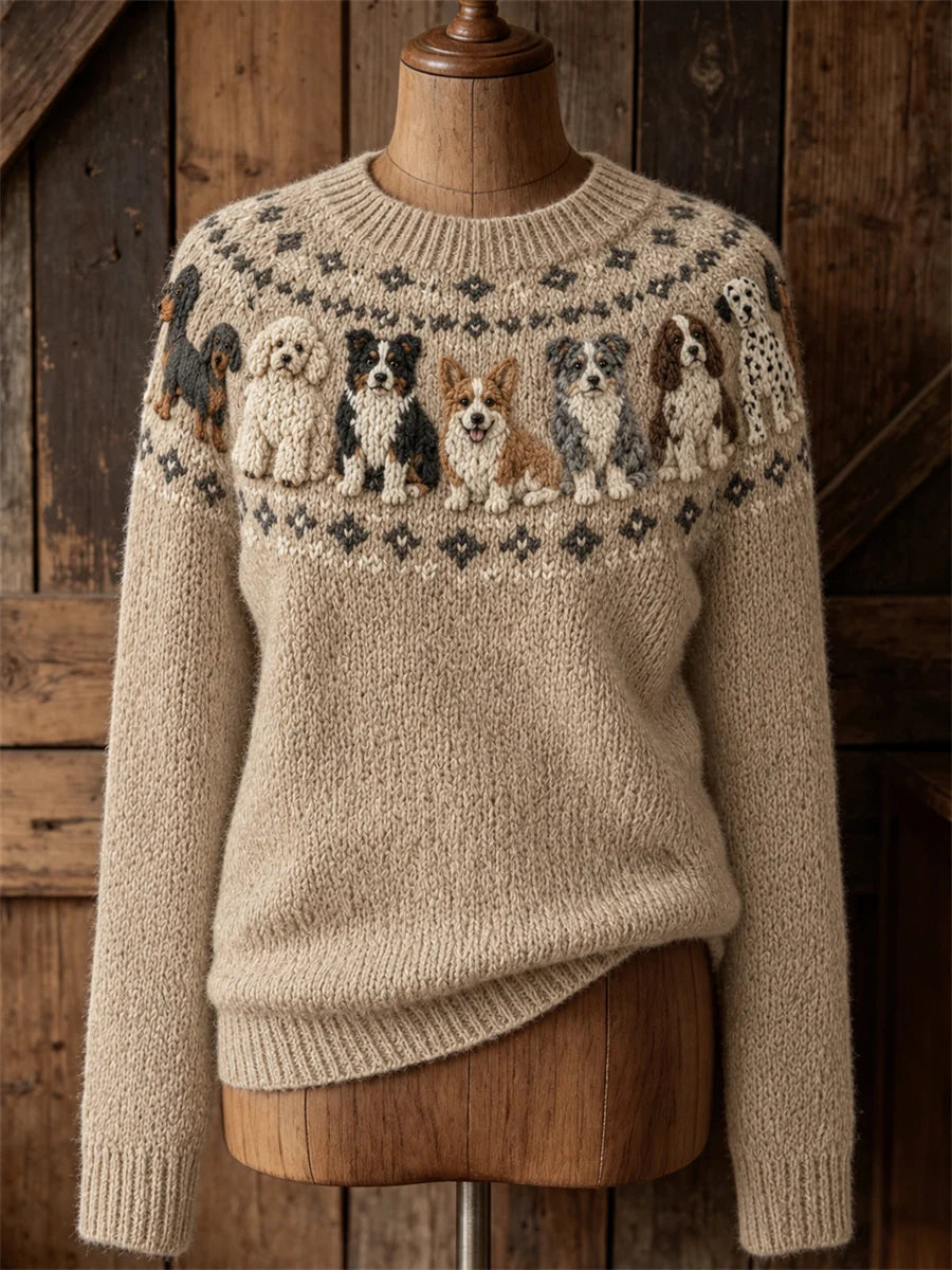 Women's Vintage Dogs Yoke Isle Pattern Print crew neck sweater