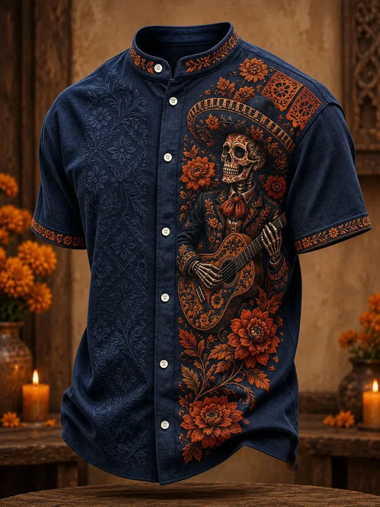 Men's Day Of The Dead Skeleton Guitar Player Marigold Floral Print Stand Collar Short Sleeve Shirt