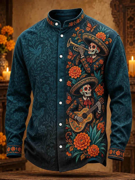 Men's Day of the Dead Folk Art Skeleton Musician Print Long Sleeve Shirt