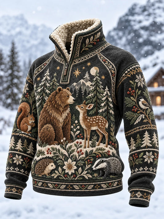 Women's Nordic Forest Animal Fleece-Lined Long-Sleeve Sweatshirt