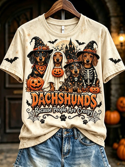 Women's Dachshunds Because People Are Creepy Halloween Print Short-sleeved T-shirt