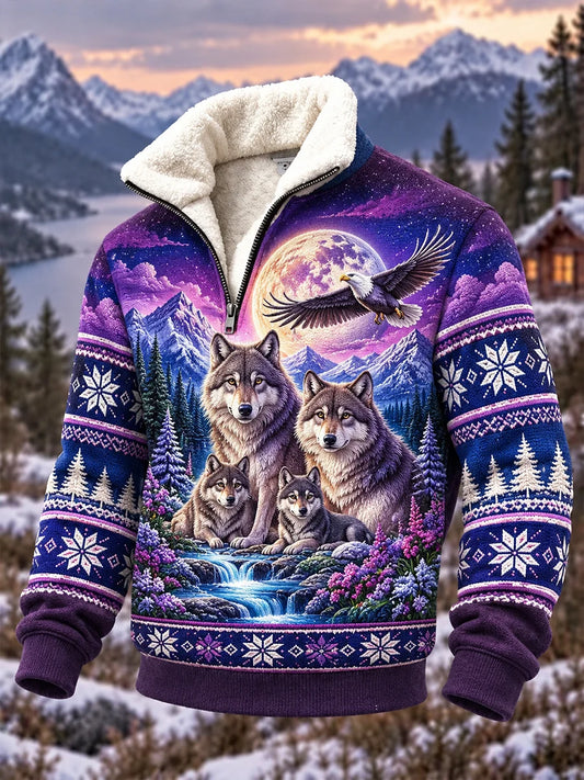 Men's Nordic Forest Animal Fleece-Lined  Casual Sweatshirt