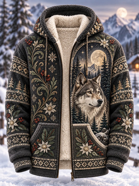 Men's Nordic Forest Animals Flannel Hooded Jacket